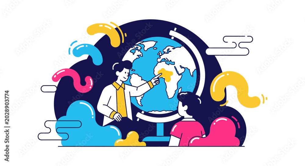 Fototapeta premium Teacher showing world geography on a globe to student illustration