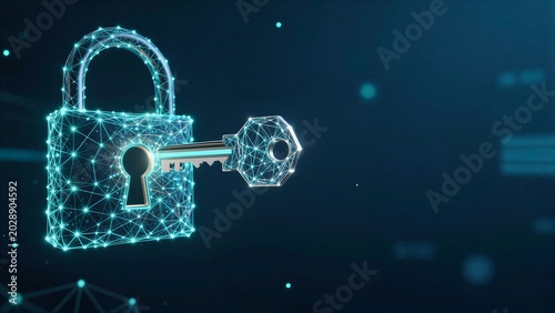 Digital lock and key glowing with blue network lines symbolizing
