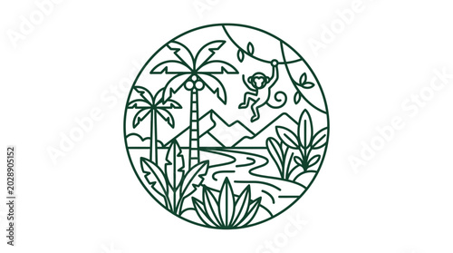 Photography Jungle Landscape with Monkey Swinging on Vine, Palm Trees, River, Mountains