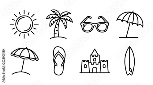 Slika na platnu Summer Beach Icons: Sun, Palm Tree, Sunglasses, Umbrella, Flip Flops, Sandcastle