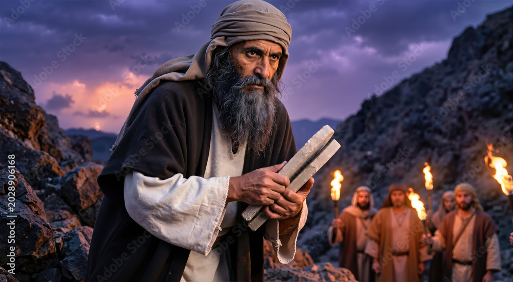 Fototapeta premium Moses holding the stone tablets on a rugged mountain. Biblical scene of the prophet with commandments during a storm. Leadership and faith concept at violet twilight
