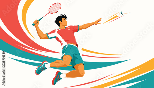 Quadro su tela Male badminton player performing a jumping smash
