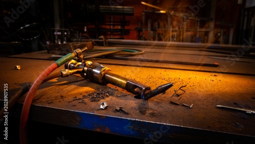 Billede på lærred Brass gas cutting torch with red and green hoses resting on a scorched and pitted steel worktable with metal scraps and hardware