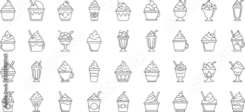 Collection of black line depicting various ice cream desserts and milkshakes sweet frozen