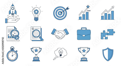 Bild auf Leinwand A set of fifteen blue and white hand-drawn business and startup icons representing concepts like growth, strategy, partnership, and success