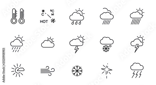 Quadro su tela Weather Icons Collection: Forecast Symbols for Temperature, Sun, Rain, Snow, Win