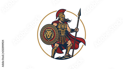 Billede på lærred Spartan Warrior with Lion Shield and Spear