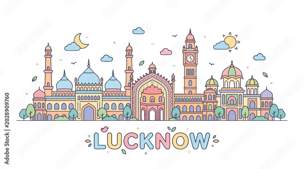 Fototapeta premium Colorful Illustrated Representation of Lucknow Cityscape with Iconic Monuments and Night Sky