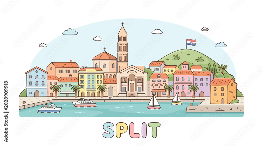 Obraz premium Scenic coastal town with colorful buildings, church, boats, and lush hilltop landscape in a charming illustration capturing