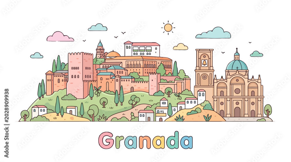Obraz premium Whimsical illustrated panoramic depiction of Granada showcasing historic architecture and lush greenery with colorful sky elements