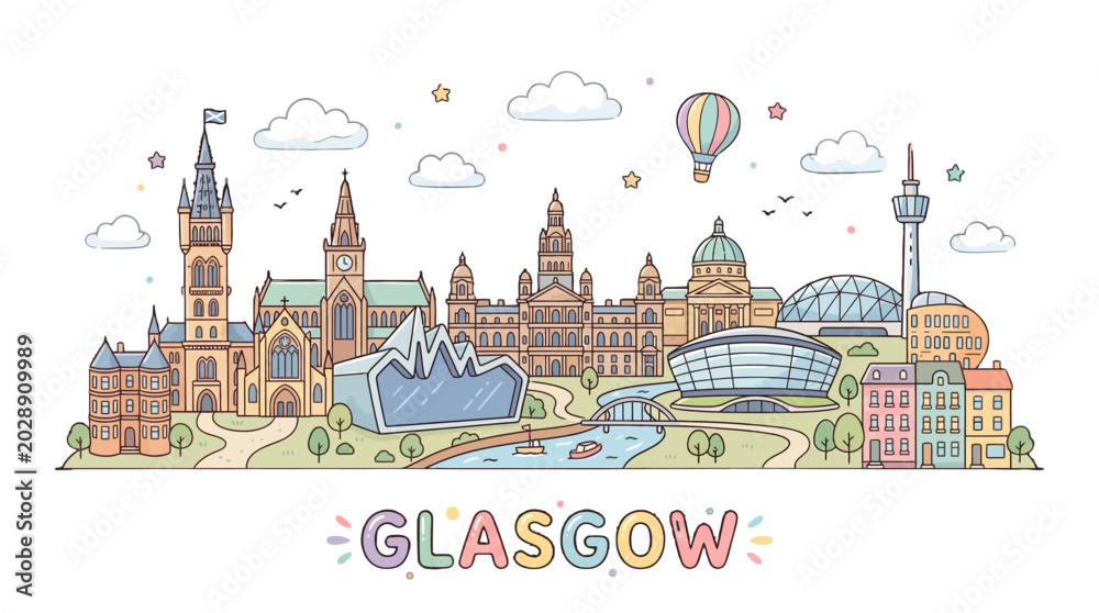Obraz premium Whimsical artistic illustration of glasgow cityscape featuring historic architecture and modern landmarks in a colorful style