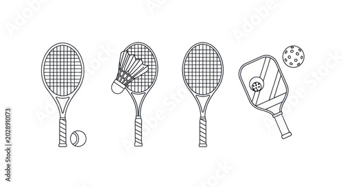 Quadro em tela Racquet Sports Equipment: Tennis, Badminton, Pickleball - Line Art Icons