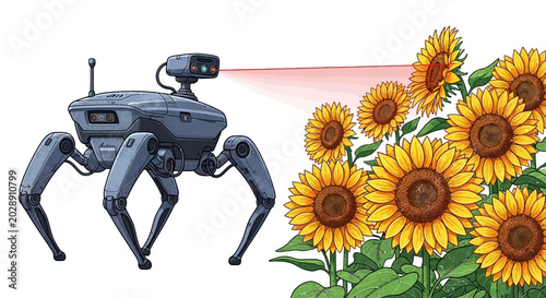 Konstfotografi Quadruped Robot Scanning Sunflowers Vector Illustration