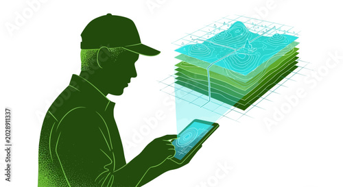 Surveyor Using Tablet for Topographic Mapping Illustration