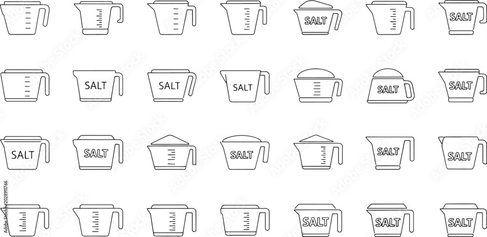 Fototapeta premium Collection of outline measuring cups with lines and salt labels line kitchenware cooking baking
