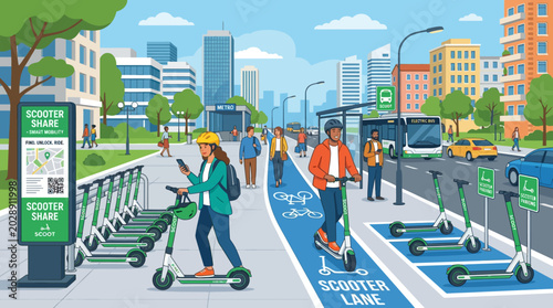 Fotografie People Riding Electric Scooters Urban.
