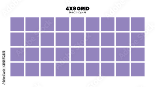 Fotografie 4x9 grid layout template with thirty six blank purple box squares isolated on white background