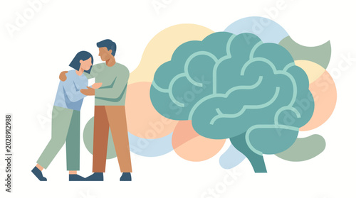 Foto Young parents holding baby beside illustrated brain symbolizing mental wellbeing and parental support