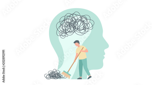Slika na platnu Person sweeping mental clutter from head silhouette representing stress and emotional recovery