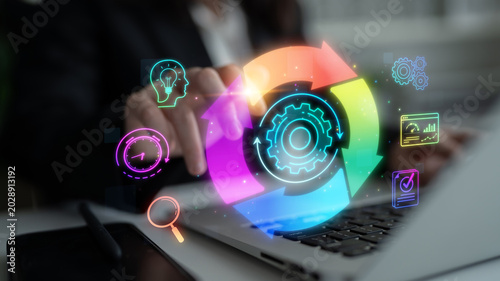 Bilde på lerret Innovative Workflow Management Concepts with Colorful Icons Representing Collabo