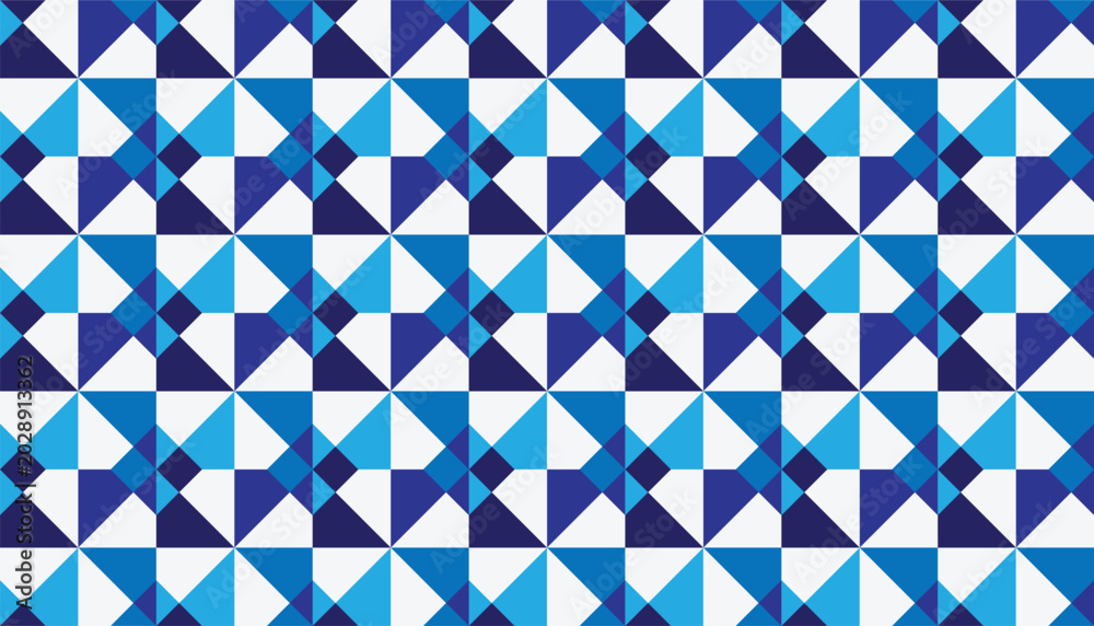 Fototapeta premium Abstract vector seamless pattern of geometric triangles forming star shapes. Classic blue, cyan, and white tile backdrop for textile fabric design, wrapping paper, and web decor.