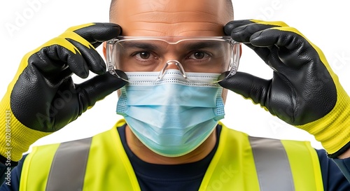 Man wearing protective face mask and goggles.