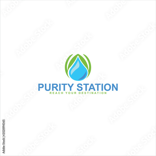 Purity Station Water Drop Logo Design with Green Leaf and Blue Gradient Vector Illustration