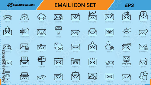Email line art icons set, inbox mail, send mail, mail security, cloud mail, forward mail, mailbox post, mobile mail, mail analytics, encrypted mail, editable stroke, Vector EPS