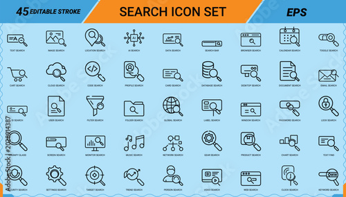 Fotografie Search line art icons set, magnify glass, AI search, global search, location sea
