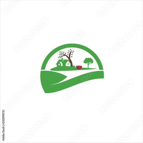 Green Eco Farm Logo Design with Tree, House and Road Vector Illustration