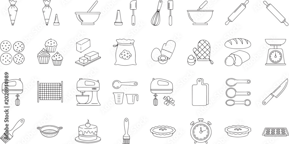 Fototapeta premium Collection of baking ingredients and tools line on white background cooking kitchen
