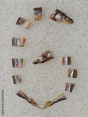 Creative top-down shot of dried koryushka fish pieces meticulously arranged to form the numeral six (6) on a light grey speckled background, showcasing an artistic and edible representation of the