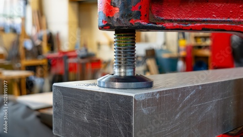 Bild auf Leinwand Extreme macro close-up of a worn red G-clamp with a threaded screw pressing firmly down on the edge of a square steel bar block, in a metal workshop with blurred tools in the background