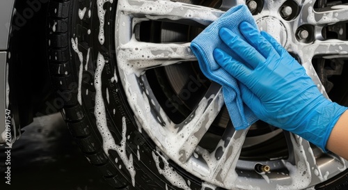 car wheel cleaning with gloved hand using blue cloth and foam detergent