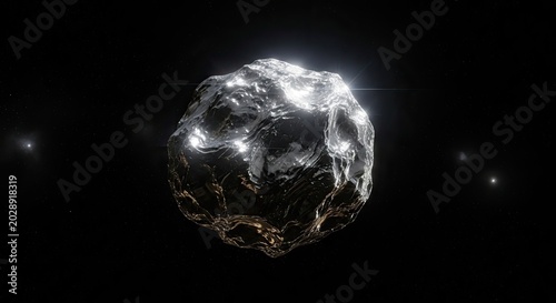 A detailed 3D render of a metallic asteroid floating in the vastness of space, illuminated by distant stars.