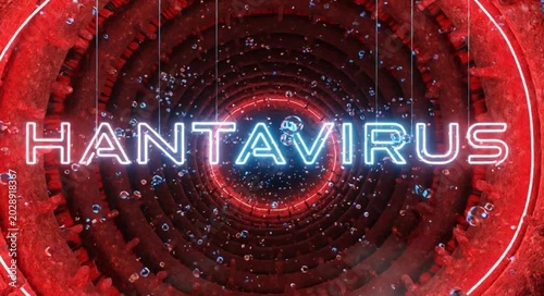 Glowing neon hantavirus text floating in a red digital microscopic tunnel with 3d particles.