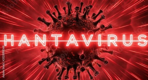 Intense red 3d render of a hantavirus cell with glowing text spreading in a dark medical space.