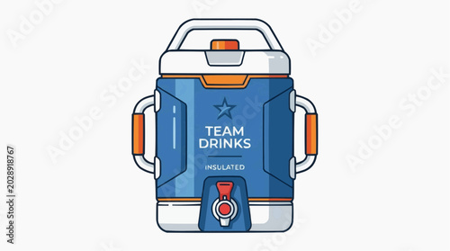 Team Drinks Water Cooler: A blue and orange insulated water cooler, labeled TEAM DRINKS, is ready to serve refreshing beverages to a group, highlighting hydration and communal refreshment.