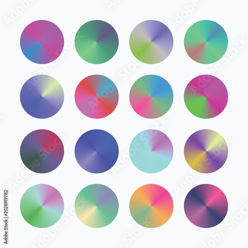 Holographic conical gradient circles, set of 16 iridescent round vector swatches, vibrant metallic radial color palettes for modern graphic design