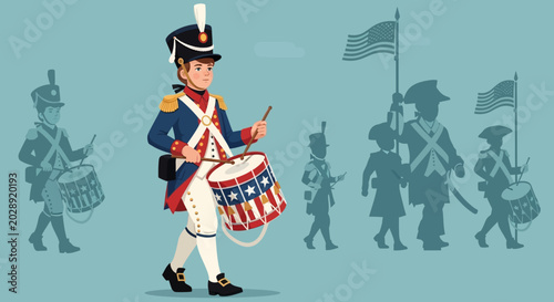Schilderij op canvas Revolutionary War Drummer Boy Marching with Flag and Soldiers