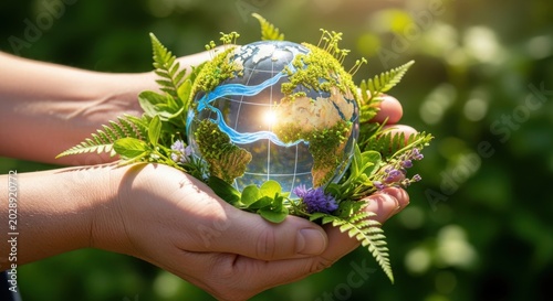 Hands holding a green earth globe with leaves in nature