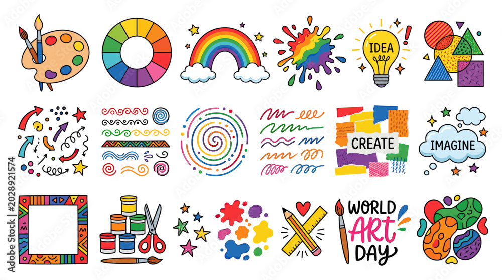 Fototapeta premium Creative art and education vector set with paint palette, rainbow, pencils, school supplies and colorful doodles in playful cartoon style