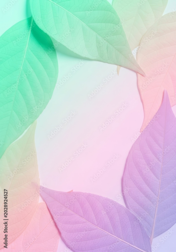 Fototapeta premium A minimalist background featuring delicate leaves in soft pastel tones of mint green, pale pink, and lavender for a serene nature design, delicate, leaf, watercolor