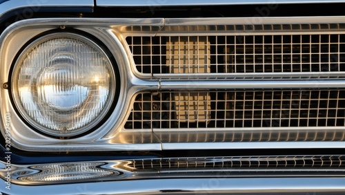 Detailed close-up of a vintage car's headlight and chrome grille.