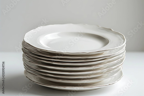 Stack of elegant white ceramic plates with wavy rims on a light background