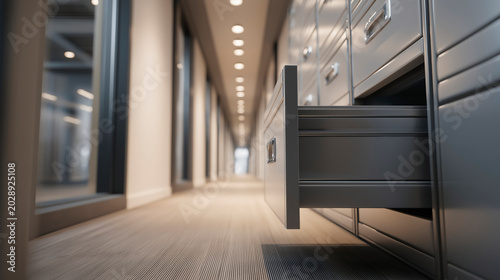 Empty Office Corridor with Open Filing Cabinet Drawer