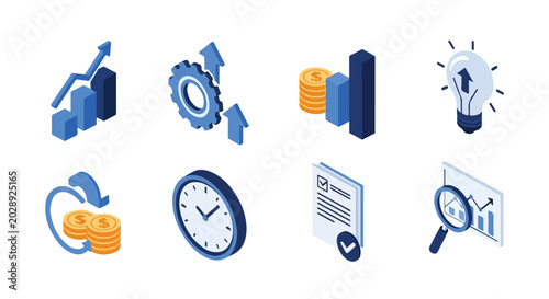 Bild auf Leinwand A collection of eight isometric business icons in blue and yellow, featuring growth charts, financial coins, a clock, and data analysis tools