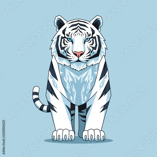 White tiger illustration with blue eyes on blue background