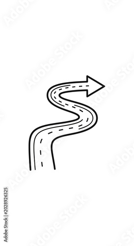 Winding road arrow icon in hand drawn sketch style