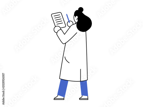 Female doctor writing on a clipboard vector illustration. Healthcare services, medical research, clinical trials, patient records, pharmacy work, scientific analysis. Scientist taking notes